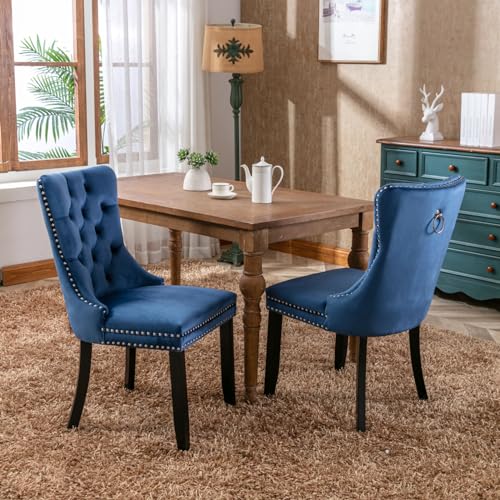 TRIPLE TREE Nikki Collection Dining Chairs Set of 2, Velvet Counter Chair with Chrome Nailhead Trim Back and Solid Wood Legs, Upholstered High-end Tufted Study Chair for Dining Room, Bedroom, Green