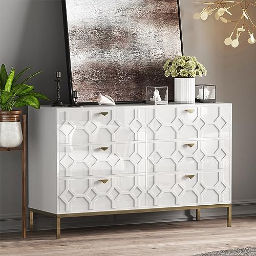 6 Drawer Double Dresser, Sideboard with 6 Drawers Modern Chest of Drawers Wood Dresser for Living Room, Home Office, Entryway, Blue
