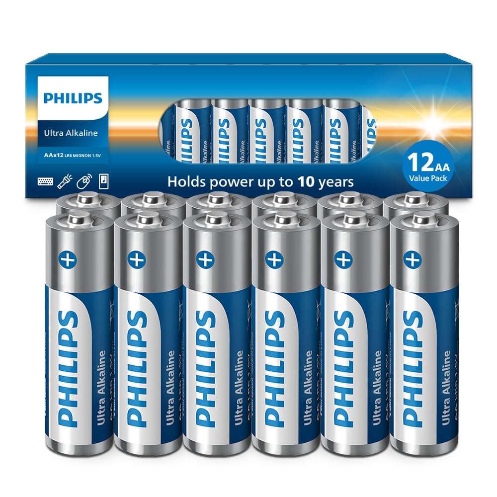 PHILIPS AA Batteries 12 Pack | 1.5v Ultra Alkaline Double A Battery | 132% More Power Then Industry Standard | Long-Lasting | 10-Year Shelf Life | Ideal for Indoor & Outdoor Use | Premium Performance.