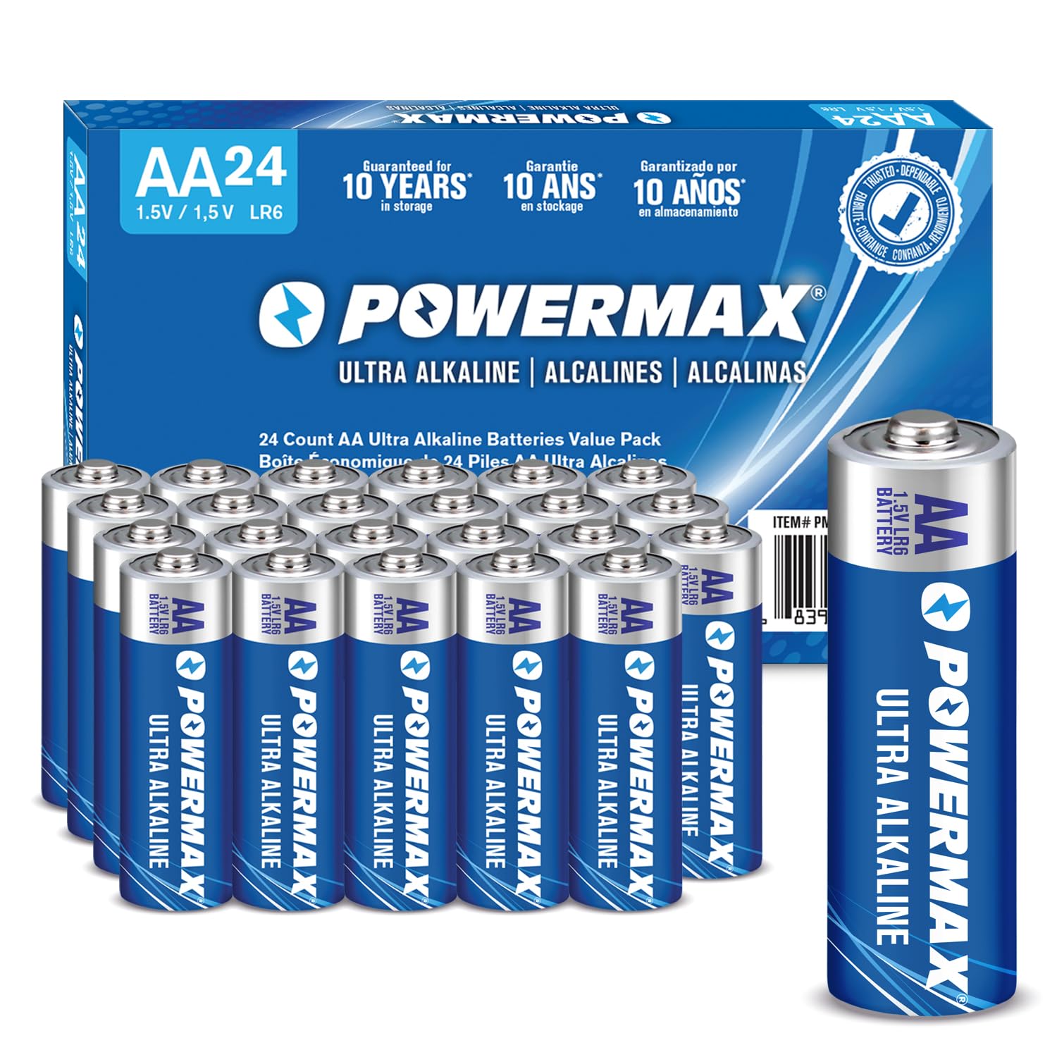 Powermax 24-Count AA Batteries, Ultra Long Lasting Alkaline Battery, 10-Year Shelf Life, Reclosable Packaging