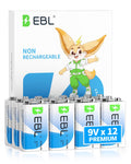 EBL 9 Volt Batteries 12 Pack, 7-Year Shelf Life, Long-Lasting Alkaline