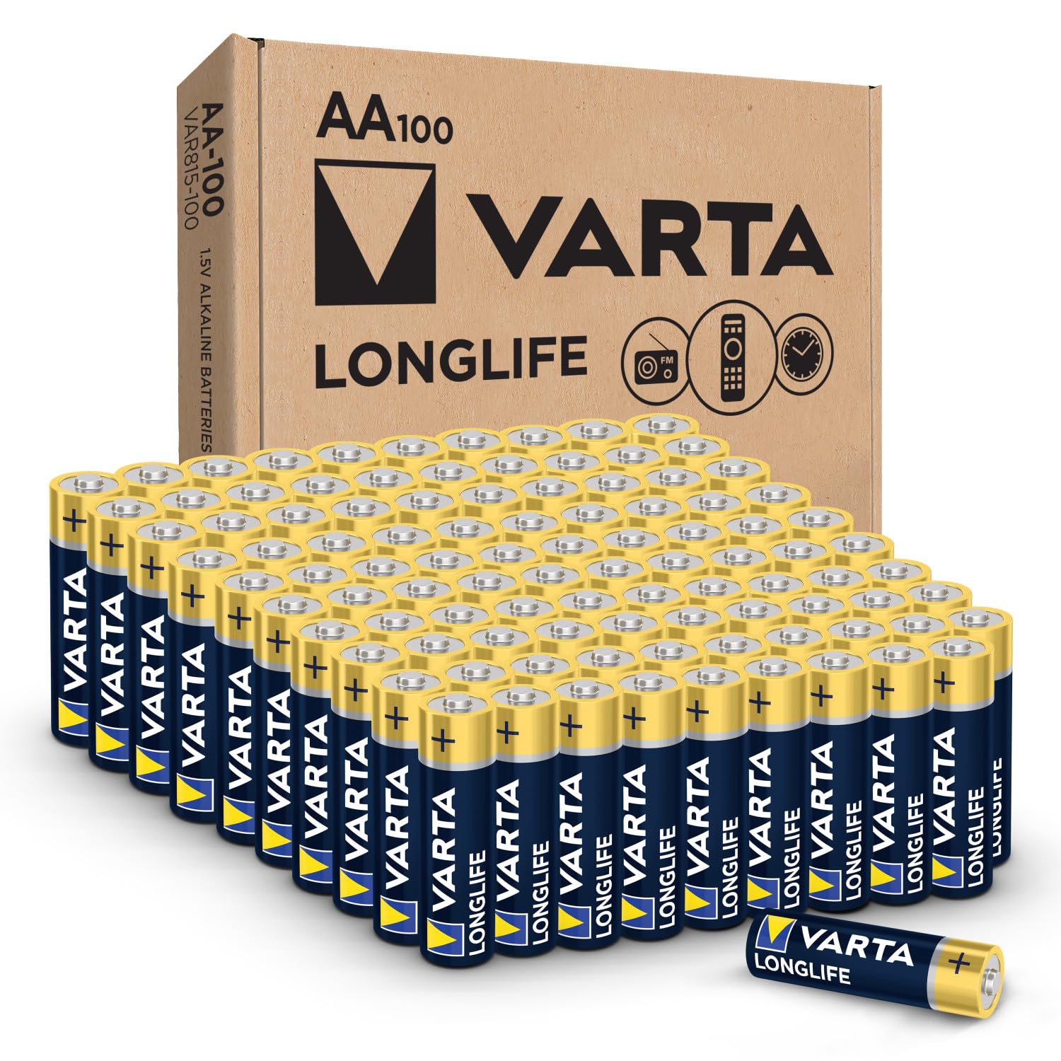 Varta Longlife AA Batteries (100 Pack), Alkaline Double A Battery