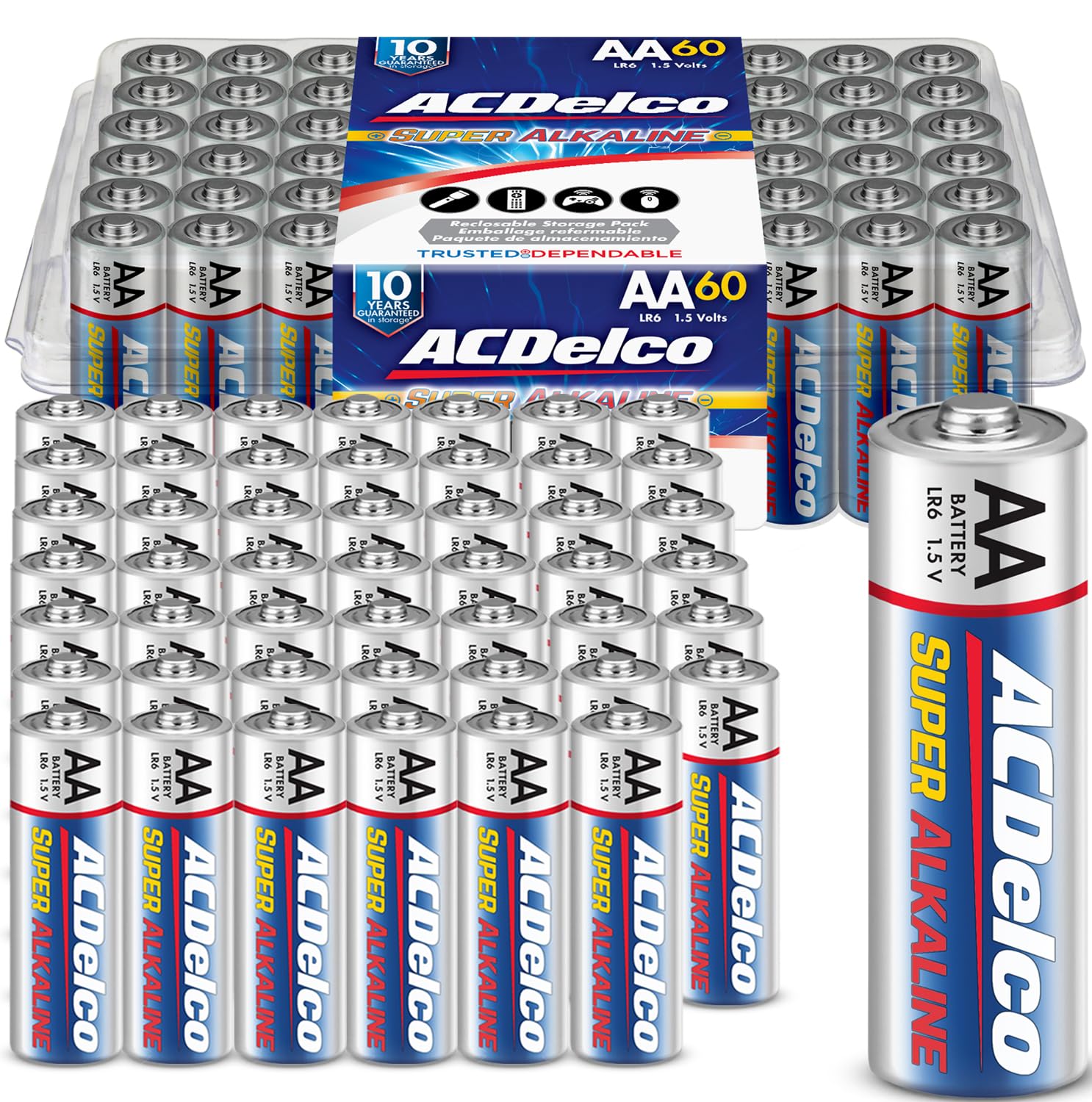 ACDelco 60-Count Double AA Batteries, Maximum Power Super Alkaline Battery for Home and Office, 10-Year Shelf Life, Reclosable Packaging